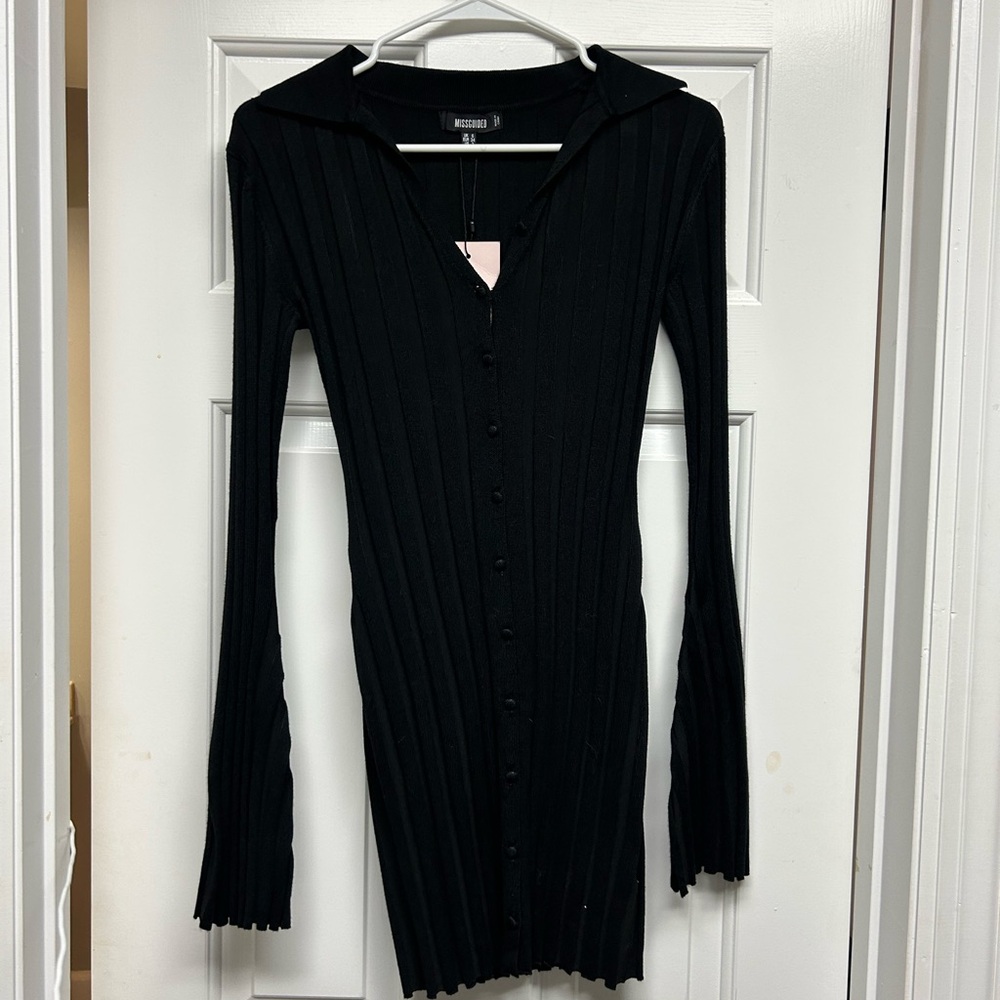 Missguided Black Ribbed Long Sleeve Dress
